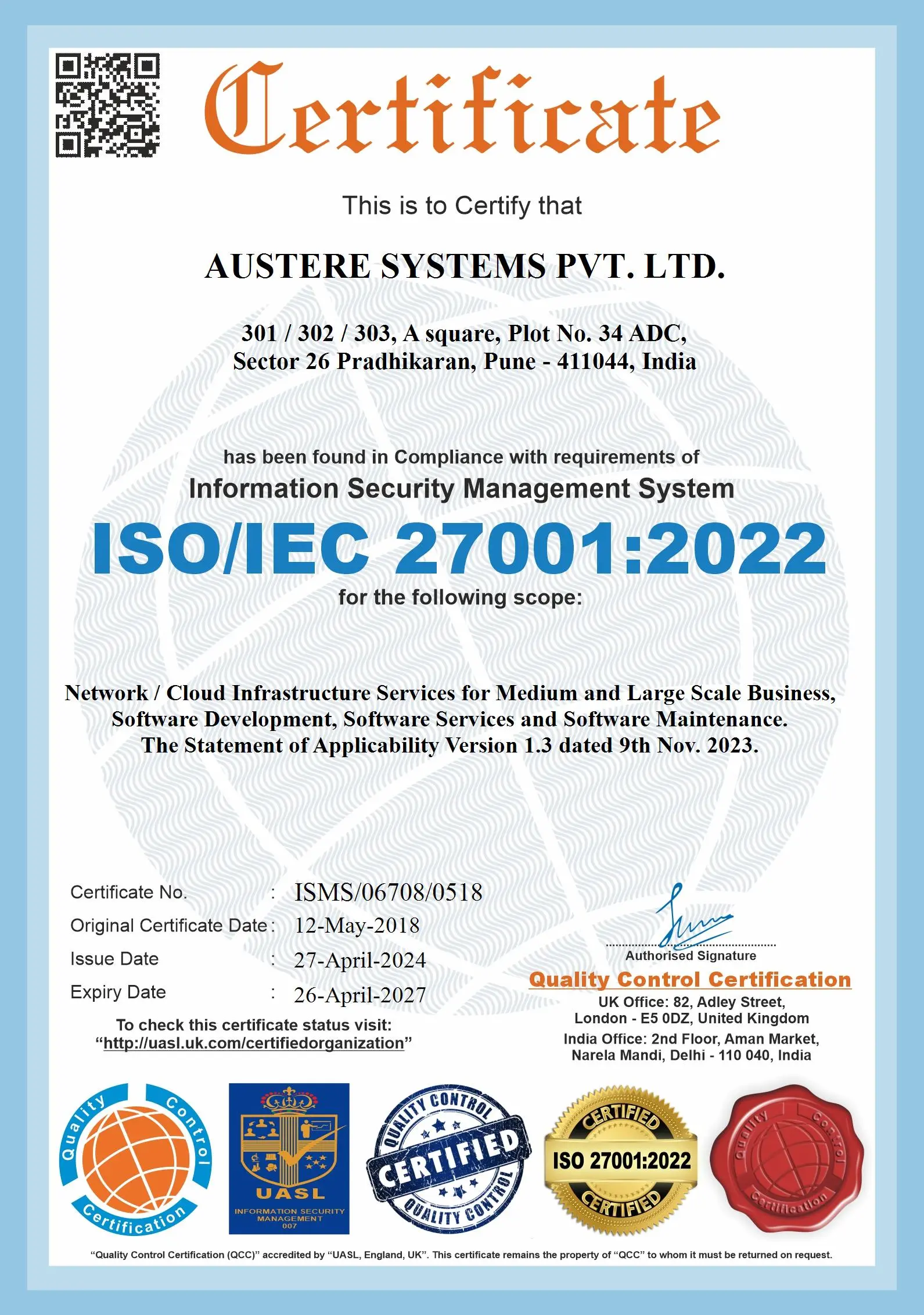 Certificate for ISO 27001:2013